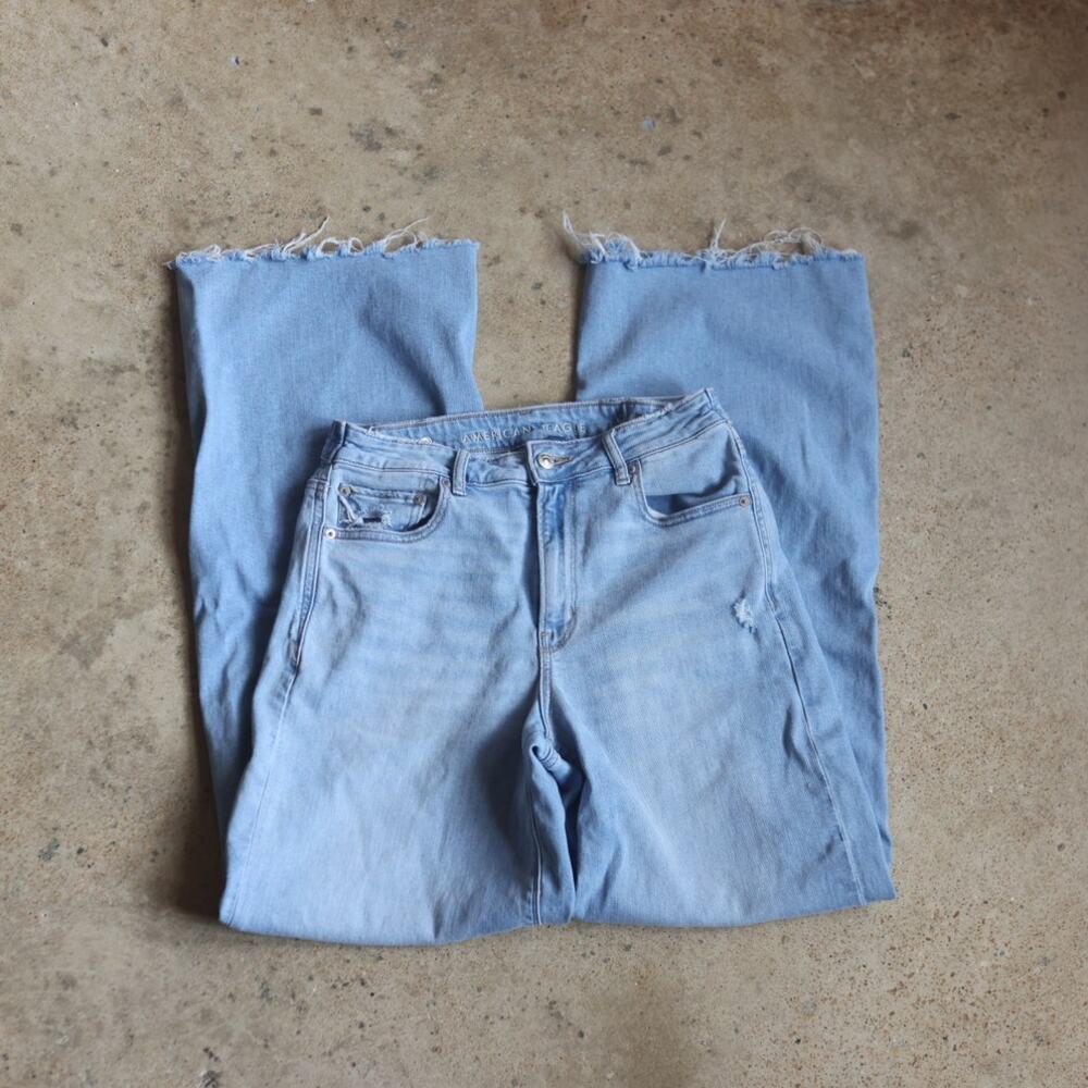 American Eagle Super High Rise Baggy Wide Leg Jeans Light Wash Raw Hem Sz 8 Long